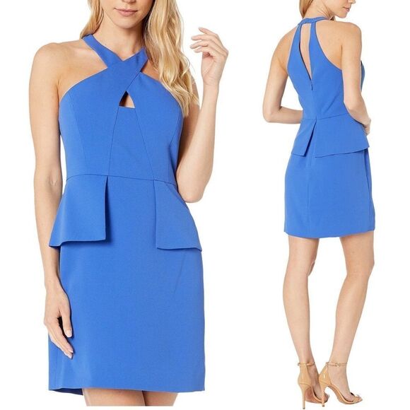 BCBGMAXAZRIA Sleeveless Crisscross Halter Peplum Mini Cocktail Dress Blue 12 - Picture 1 of 11
